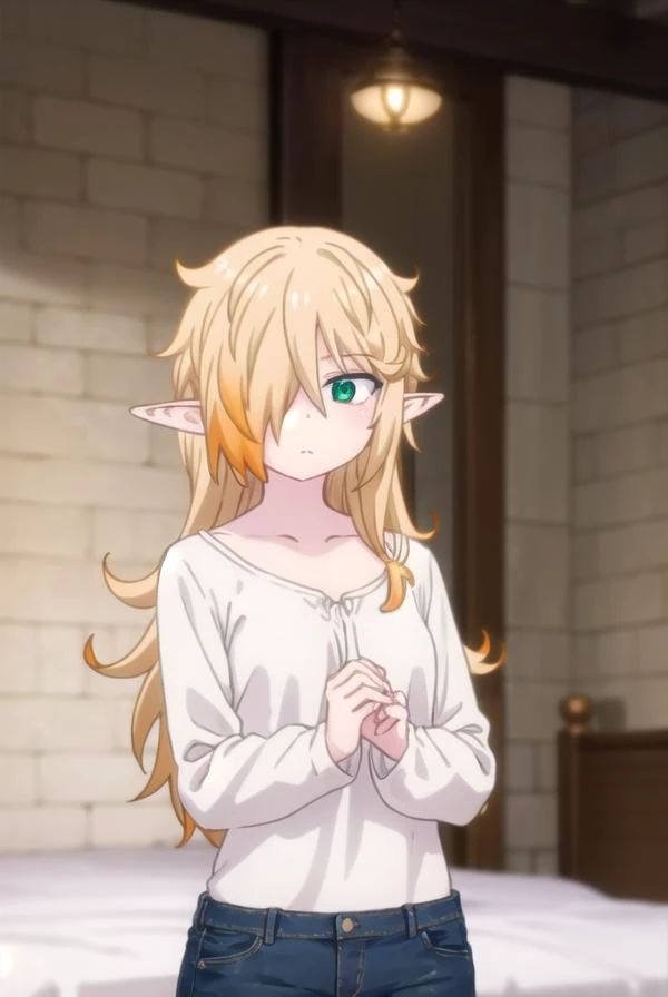 reviewerzel, <lora:reviewer zel female s1-lora-nochekaiser:1>,
zel, long hair, blonde hair, (green eyes:1.3), pointy ears, (hair over one eye:1.5), elf,
BREAK shirt, long sleeves, pants, denim, jeans, (white shirt:1.5), collarbone,
BREAK indoors, bed,
BREA...