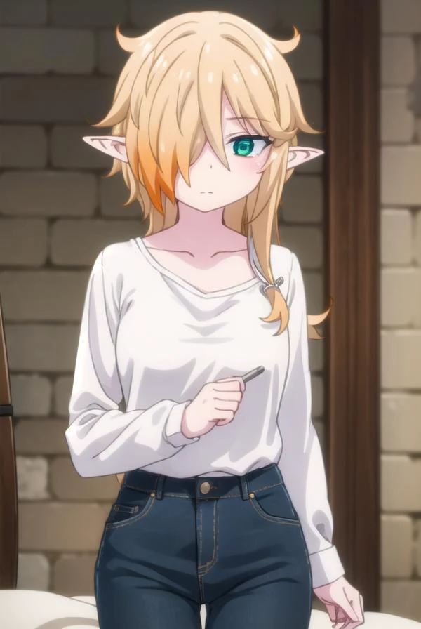 reviewerzel, <lora:reviewer zel female s1-lora-nochekaiser:1>,
zel, long hair, blonde hair, (green eyes:1.3), pointy ears, (hair over one eye:1.5), elf,
BREAK shirt, long sleeves, pants, denim, jeans, (white shirt:1.5), collarbone,
BREAK indoors, bed,
BREA...