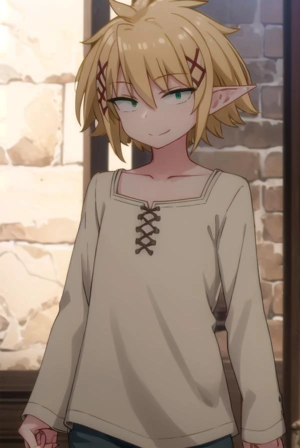 reviewerzel, <lora:reviewer zel male s1-lora-nochekaiser:1>,
zel, short hair, bangs, blonde hair, hair ornament, (green eyes:1.5), male focus, pointy ears, x hair ornament, elf, smile,
BREAK shirt, long sleeves, collarbone, white shirt, pants,
BREAK outdoo...