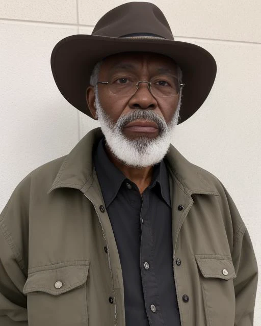 portrait of  an older black man bodygrammps, shirt, face, jacket, black hair, beard