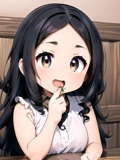 anime girl eating a piece of food at a table