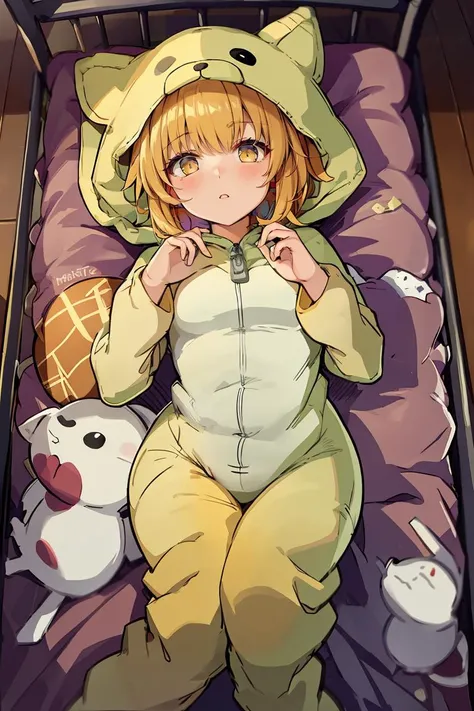 (masterpiece, best quality),1girl, beautiful face,  <lora:OnesiePJs:1> onesie,  blonde hair, bed sheet,