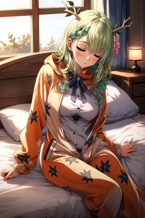 anime girl sitting on a bed with a flower in her hair