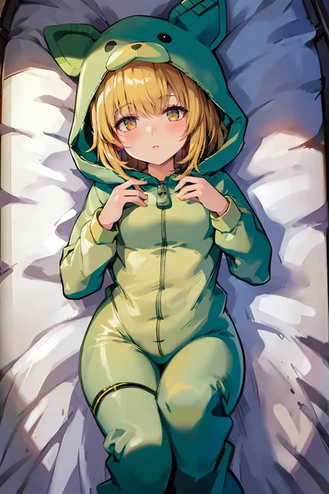 (masterpiece, best quality),1girl, beautiful face,  <lora:OnesiePJs:1> onesie,  blonde hair, bed sheet,