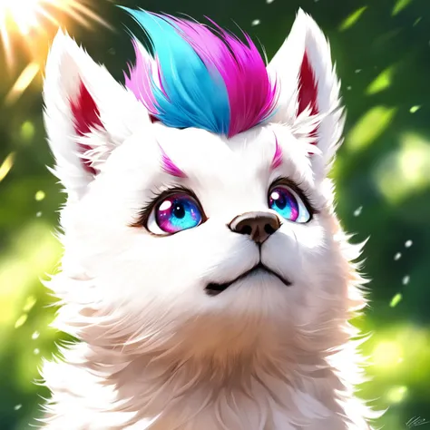 painting of a white cat with a colorful mane and blue eyes