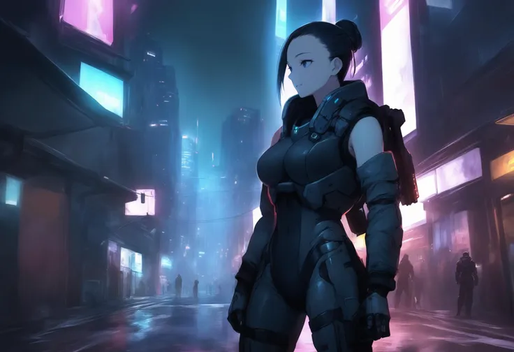 score_9, score_8_up, score_7_up, score_6_up, score_5_up, score_4_up, source_anime, BREAK, dim lighting, female, cyberpunk mech, chainguns, city street