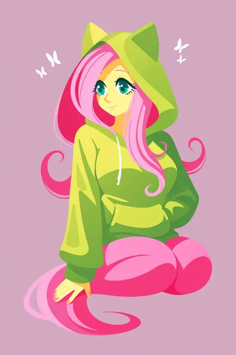 1girl, minimalist lineless art, fluttershy, (wearing a green hoodie), furrification, monster girl