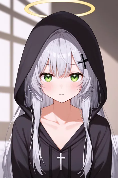 1girl, solo, hood, halo, green eyes, hair ornament, hoodie, blush, black hoodie, looking at viewer, grey hair, closed mouth, col...