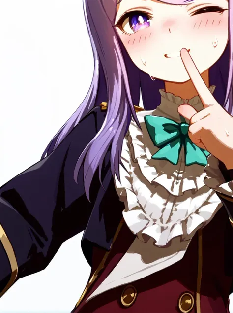 anime girl with purple hair and blue eyes pointing at her finger