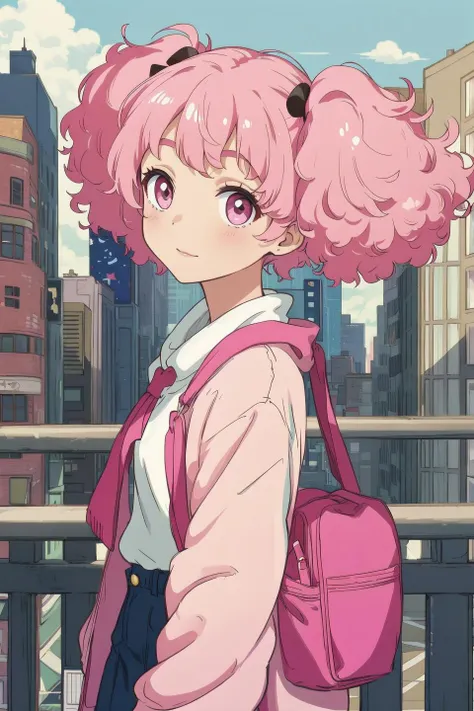 a close up of a person with pink hair and a backpack