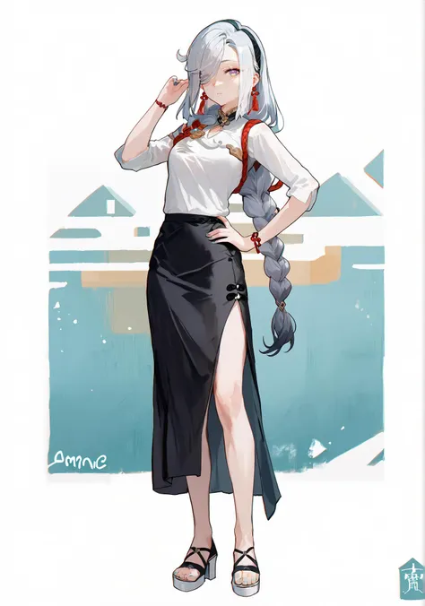 anime character with long hair and a skirt standing in front of a body of water