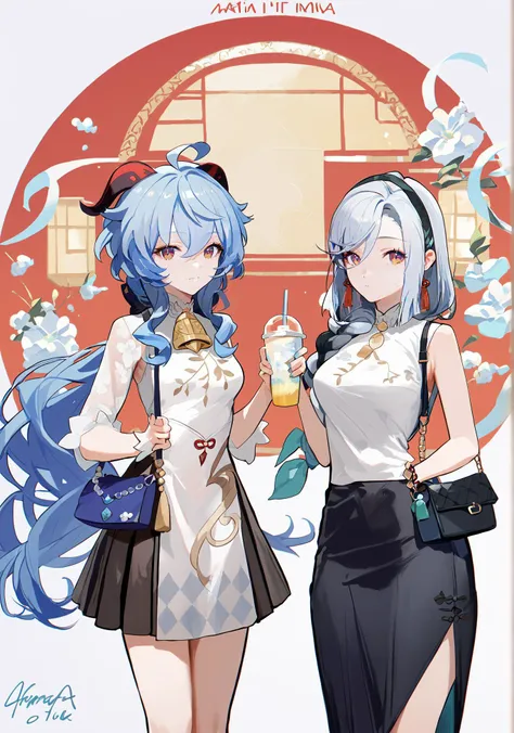 two anime girls with blue hair and white shirts holding drinks