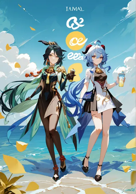 two anime girls standing on a beach with a drink