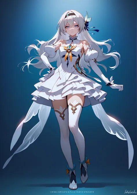 a woman in a white dress with long white hair and a sword