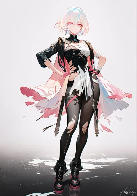 anime girl with pink hair and black and white outfit standing in front of a white background