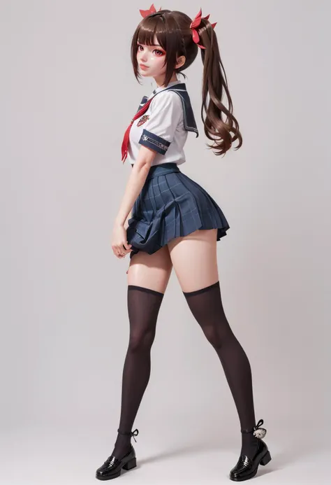 a woman in a short skirt and stockings posing for a picture