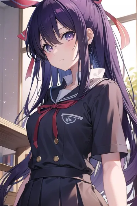 tookayatogami, <lyco:tookayatogami-lyco-nochekaiser:1>, 
tooka yatogami, hair ribbon, (purple eyes:1.1), purple hair, long hair, ribbon,
BREAK raizen high school uniform, school uniform,
BREAK looking at viewer, 
BREAK indoors, classroom,
BREAK <lyco:GoodH...