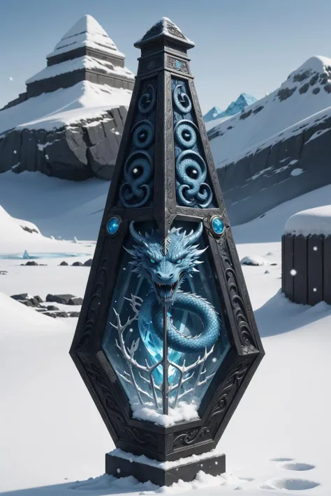 masterpiece, best quality, highly detailed, stone obelisk BREAK dragon talisman, glacier, tundra, eastern dragon serpent engraved in dragon obelisk, snow, frost, snowing, sapphire, aquamarine, ice lake, diamond