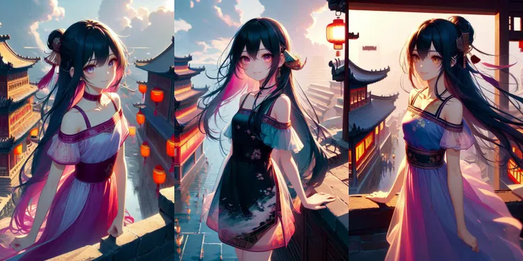 anime girl in a pink dress walking on a bridge