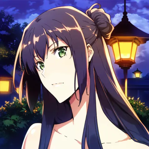 anime girl with long black hair and green eyes standing in front of a lamp