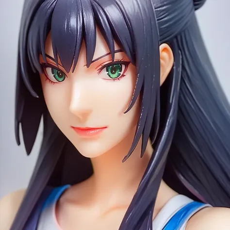 a close up of a doll with long black hair and green eyes