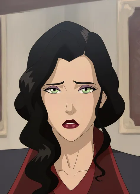 a cartoon of a woman with long black hair and green eyes