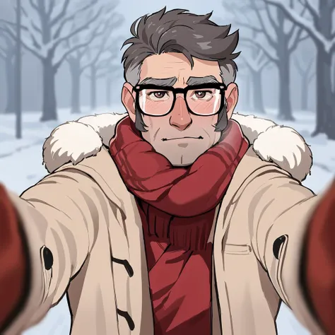 fordpines, 1boy, solo, male focus, mature male, old man, upper body, short hair, grey hair, brown eyes, thick eyebrows, glasses, black-framed eyewear, facial hair, stubble, sideburns, open clothes, beige coat, red turtleneck sweater, standing, outdoors, sc...