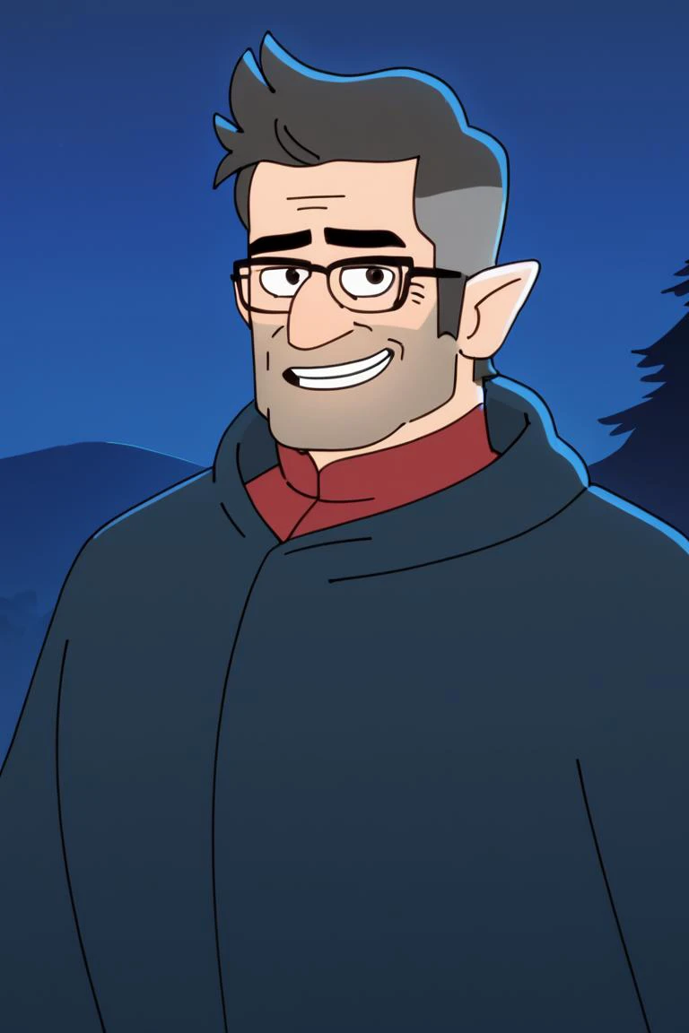 score_9, score_8_up, score_7_up, fordpines, 1boy, solo, male focus, mature male, close-up, portrait, upper body, muscular, old man, short hair, grey hair, brown eyes, thick eyebrows, glasses, black-framed eyewear, facial hair, stubble, sideburns, smiling, ...