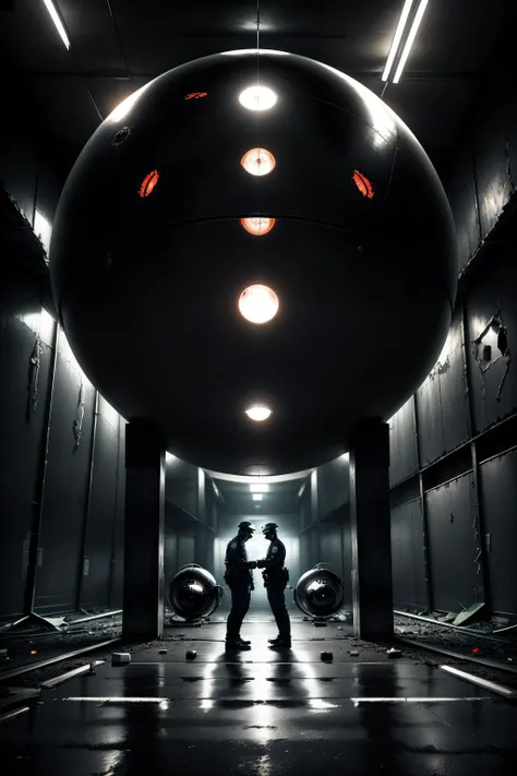 policemen approach a strange spherical machine  in an abandoned warehouse, night,  <lora:add_detail:0.2> <lora:D3m1co:1.2>