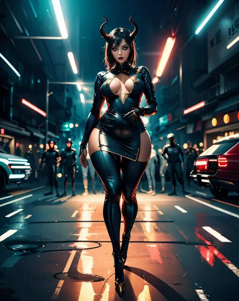 (full body) image of a girl, glowing, (solo focus, look at viewer:1.4), (beautiful face), horns, 
(skirtsuit:1.4),
(curvy body:1.4), in (highheel:1.4),
(combat_pose:1.4), 
(motion blur:1.4), some glowing cyan led, cyberpunk-background, (motion blured backg...