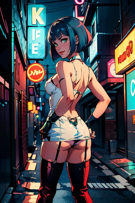 CyberEvelyn, blue hair, bob cut, green eyes, small breasts, white dress, black thong, red thigh highs, garter straps, cleavage, jewelry,looking at viewer, serious, smirk, standing, medium shot, hand on hip, from_behind, ass, outside, city, alley way, night...