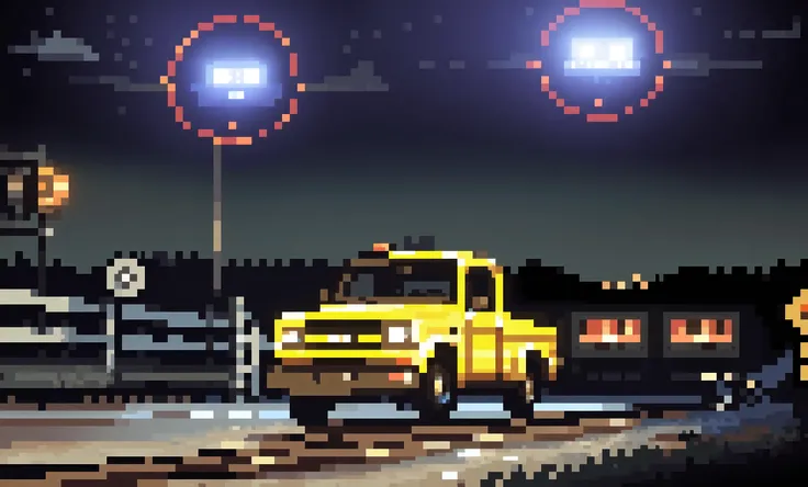 3rdkind, solo, a yellow pickup truck at night waits at a railroad crossing, night time, eerie, night time,  blinding light, small ufo, Panavision PSR 200, 35mm, film screencap  <lora:Close_Encounters_Of_The_Third_Kind-000014:1>