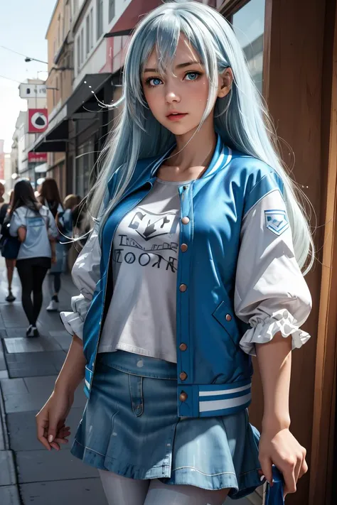 arafed woman with blue hair and a blue jacket on a city street