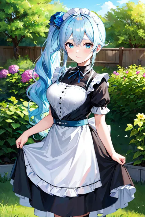 masterpiece, best quality, highres, aamahiro, long hair, blue hair, side ponytail, hair flower, blue flower, blue eyes, <lora:yukishiro_mahiro_v1:0.7>, maid, maid headdress, garden, skirt hold,