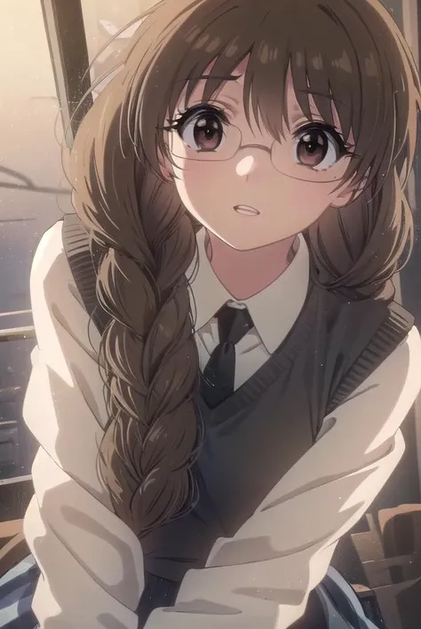 koiuichigusa, <lora:koi ui chigusa s1-lora-nochekaiser:1>,
koi ui chigusa, brown hair, (brown eyes:1.5), glasses, braid, hair braid, single braid, hair over shoulder,
BREAK skirt, school uniform, necktie, sweater vest,
BREAK indoors,
BREAK looking at viewe...