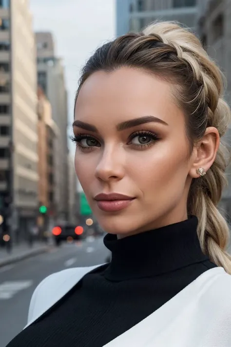 headshot of S247_JuliaDamia,a stylish woman,in a (city:1.1),wearing a (turtleneck:1.1),(smiling),braid,cityscape,(4k, RAW photo, best quality, depth of field, ultra high res:1.1),(absurdres, intricate, photorealistic, masterpiece, ultra-detailed:1.2),