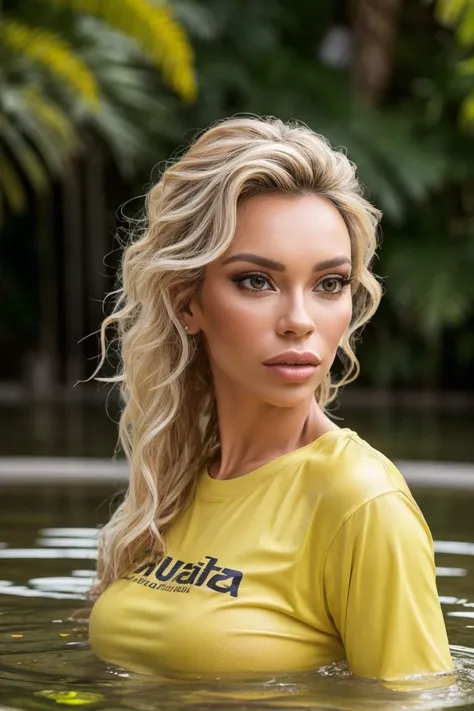 portrait of S247_JuliaDamia,a beautiful woman,in a (pond:1.1),(wet-skin),wearing a (yellow t-shirt:1.1),(4k, RAW photo, best quality, depth of field, ultra high res:1.1),(absurdres, intricate, photorealistic, masterpiece, ultra-detailed:1.2),