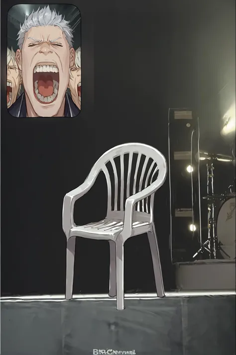 anime scene of a plastic chair with a picture of a man screaming