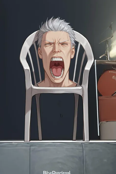 anime character sitting in a chair with his mouth open and mouth wide open