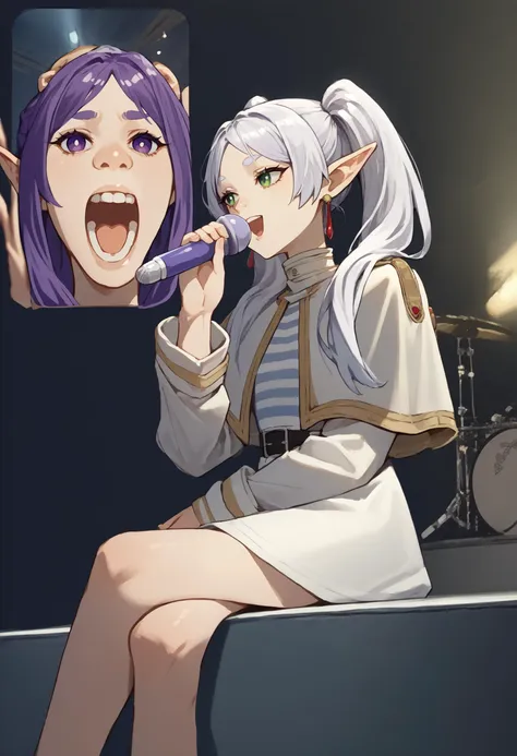 anime girl with purple hair singing into microphone while sitting on stage