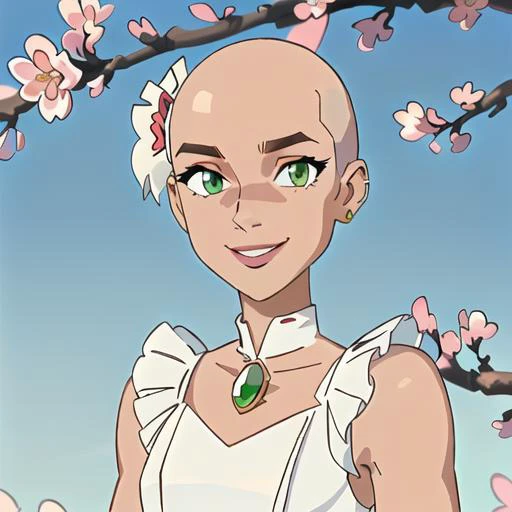 inzaniak,green_eyes,solo,slit pupils,jewelry,frilled dress,cherry blossoms,brooch,highres,light smile,msa (fary white),frills,1girl,white dress,branch,upper body,sleeveless dress,dress,sleeveless, <lora:britelite6:0.65>,  <lora:BaldifierW2:2.5>