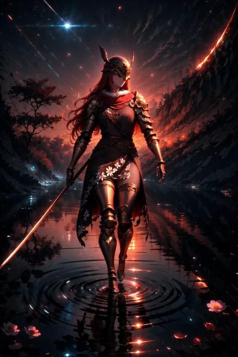 a woman in armor walking through water with a sword