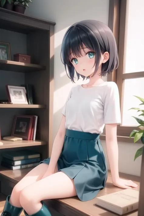 anime girl sitting on a desk with a bookcase in the background