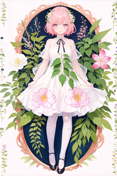 a close up of a person in a dress and flowers