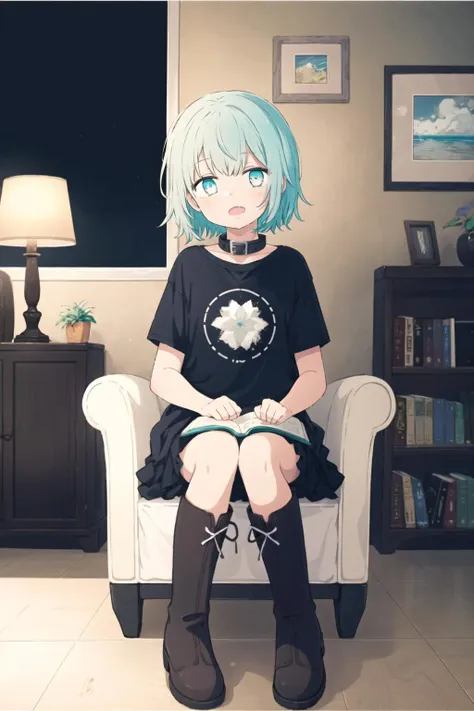 anime girl sitting on a chair in a living room with a lamp