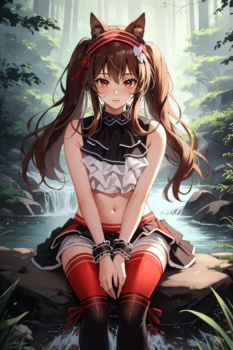 anime girl sitting on a rock in the woods with her legs crossed