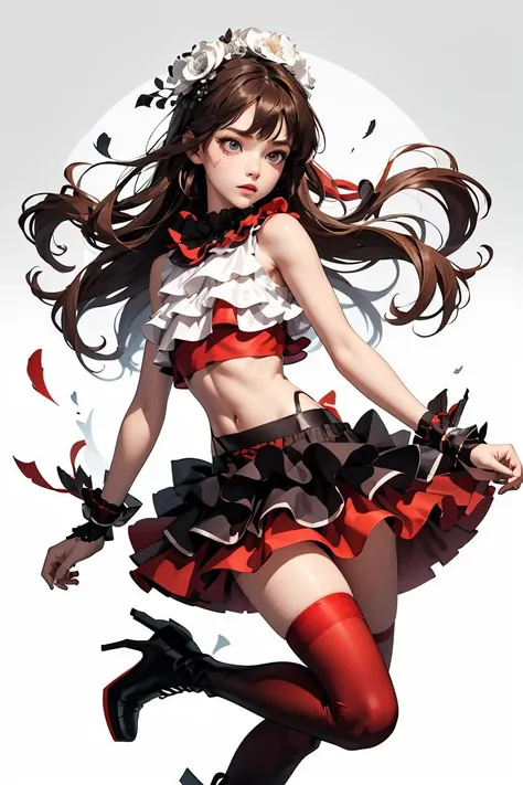 (masterpiece, best quality), 1girl, <lora:MikuNisokuClothing1927:0.8> sleeveless shirt, layered shirt, layered skirt, crop top, wrist cuffs,gradient legwear, red thighhighs,high heels, boots,hair flower, ribbon,