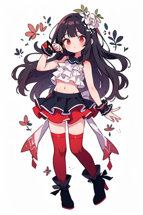 (masterpiece, best quality), 1girl, <lora:MikuNisokuClothing1927:0.8> sleeveless shirt, layered shirt, layered skirt, crop top, wrist cuffs,gradient legwear, red thighhighs,high heels, boots,hair flower, ribbon,