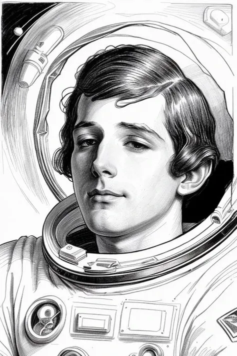 <lora:cdg_v3:1> astronaut in space, man, stubble, drawing by Charles Dana Gibson, drawing by g1bs0n