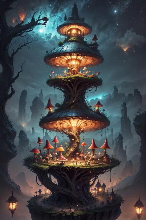 a digital painting of a tree house with a lot of lights on it